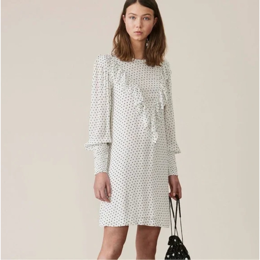 GANNI Rometty‎ Georgette Polka Dot Ruffle Mini Dress White Black Size 34/XS/0-2